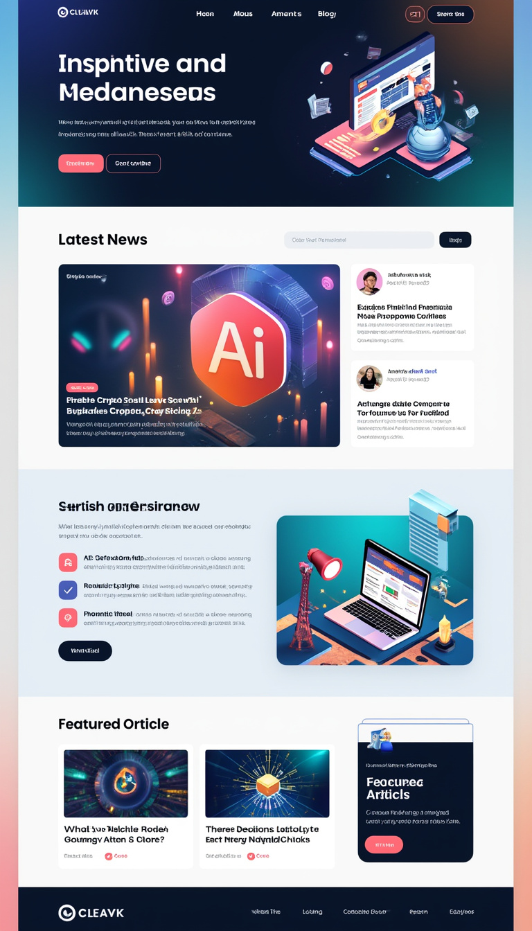 Create a simple one-page website for a crypto and AI news and advertising platform, featuring a clean layout, easy navigation, and sections for latest news, featured articles, and advertisements. Ensure it has a modern design with a user-friendly interface.