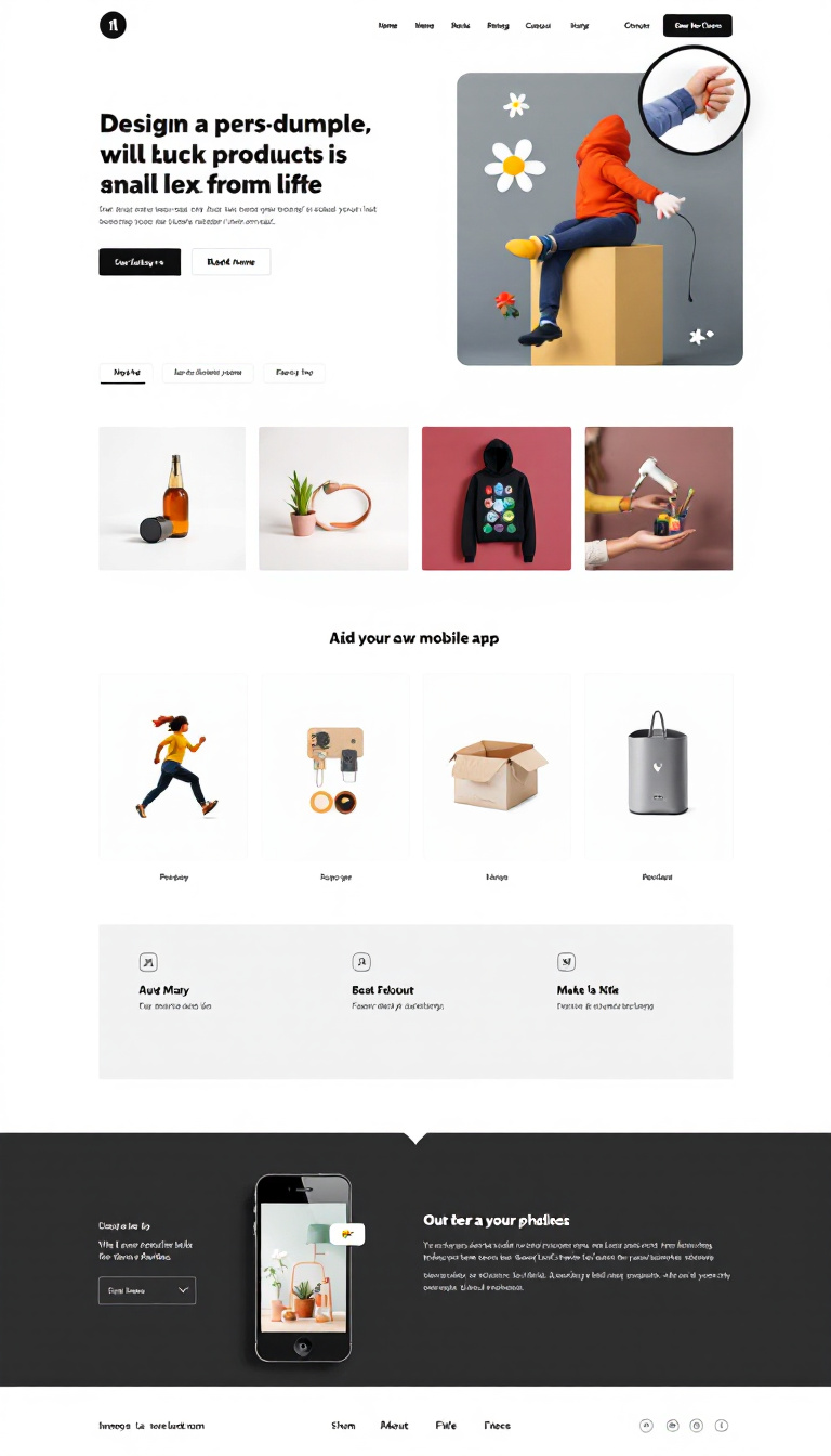 Design a simple, clean one-page website for selling various products with an integrated link to a mobile app. The layout should be user-friendly and visually appealing, showcasing products effectively.