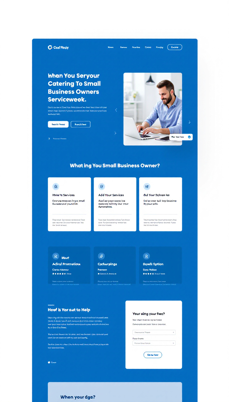 Design a modern one-page website for a service business catering to small business owners. Use a blue and white color scheme, featuring essential information about services and a prominent call-to-action button for inquiries.