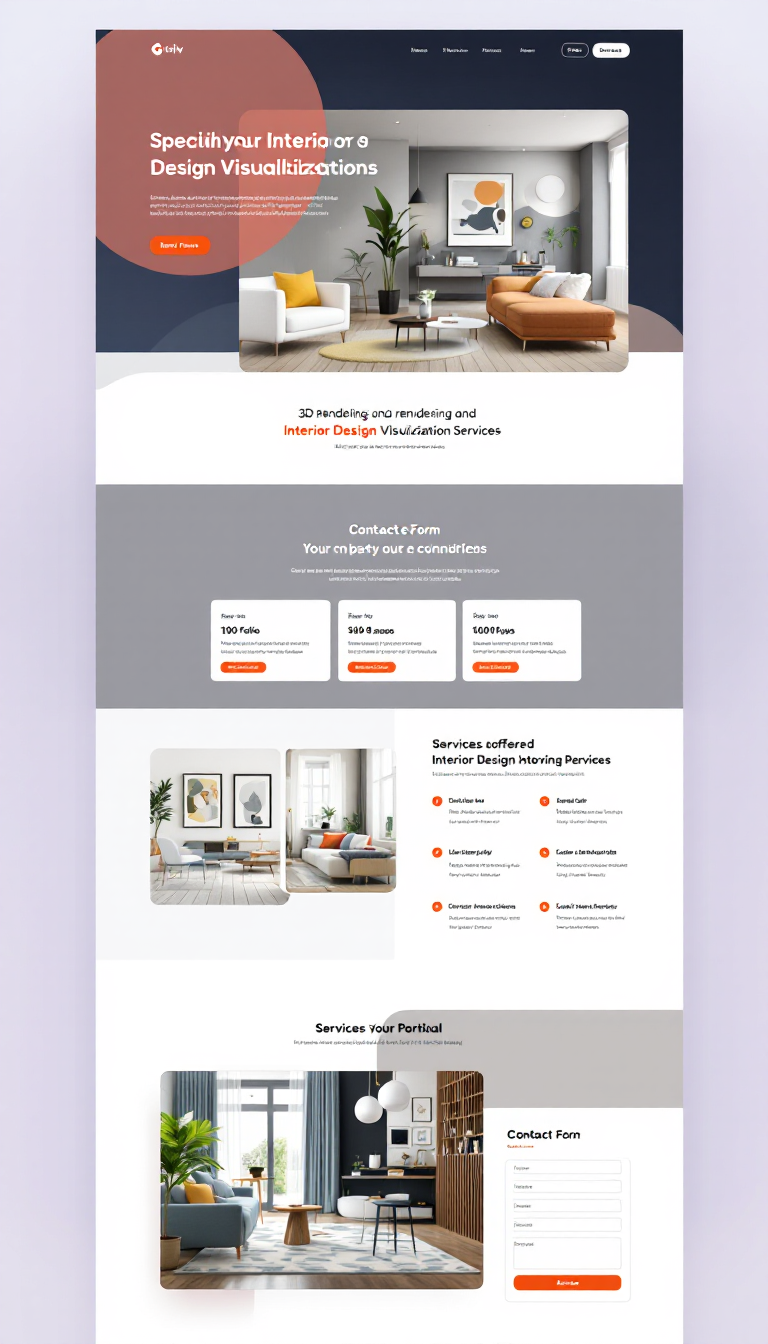 Design a one-page website for a business specializing in 3D renderings and interior design visualization services, featuring a sleek layout, vibrant visuals, and clear information about services offered. Include sections for a portfolio, client testimonials, and a contact form.