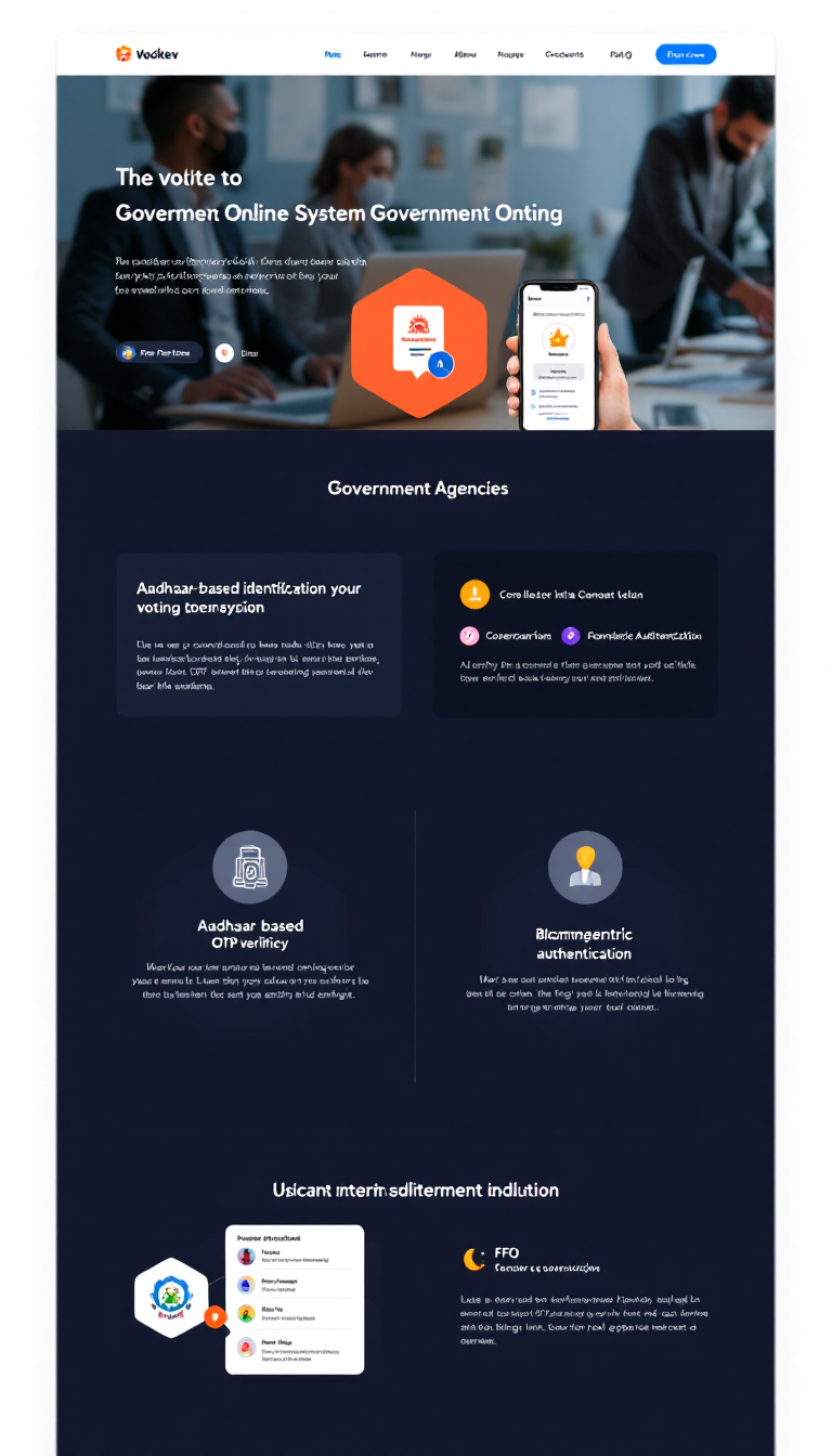 Create a clean and professional one-page website for a secure online voting system aimed at government agencies. The site should include sections detailing Aadhaar-based identification, OTP verification, biometric authentication, and a FAQ section, all designed to convey trust and efficiency.