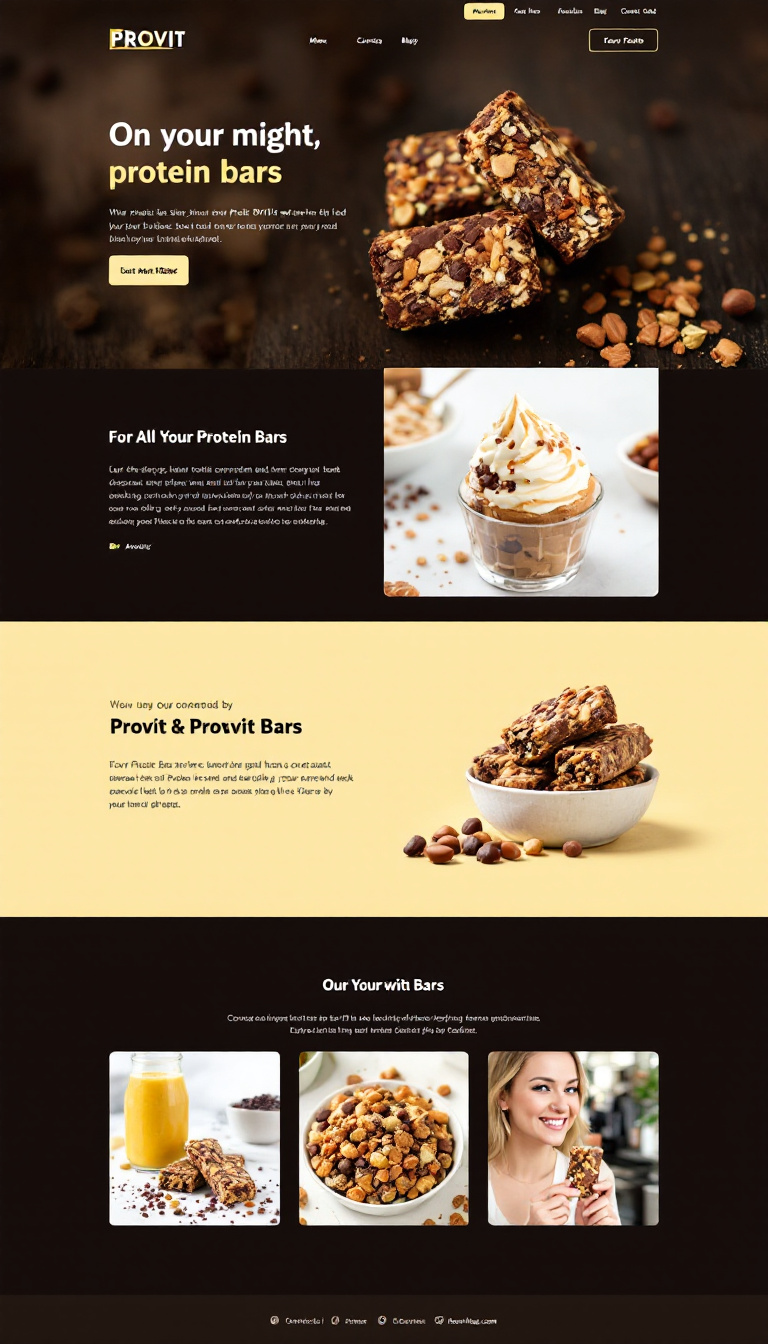 Design a simple, clean one-page website for my business, PROVIT BARS, showcasing our protein bars with appealing visuals, a brief description, and contact information.