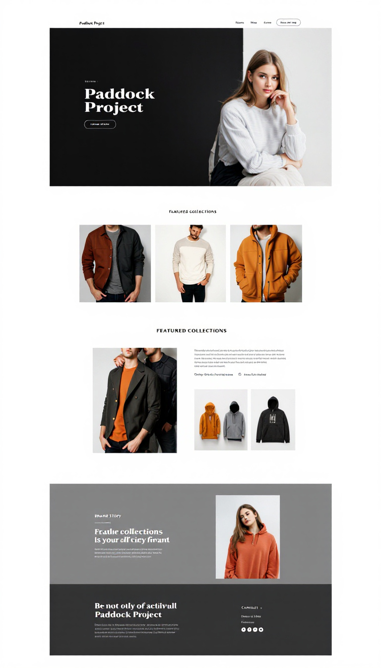 Design a simple one-page website for the clothing brand "Paddock Project," showcasing its stylish apparel. Incorporate a clean layout with sections for featured collections, brand story, and contact information.