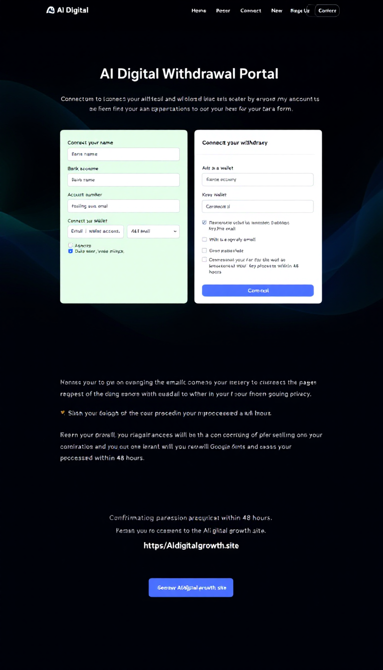 Create a one-page payment site titled "AI Digital Withdrawal Portal." Include two forms: one for connecting a bank account with fields for bank name, account number, routing number, and email, and another for connecting a wallet, asking for wallet address, key phrase, and email. Display a secure message about data privacy, show a pop-up confirming receipt of the withdrawal request, and send a confirmation email that the request will be processed within 48 hours. Use a professional dynamic background and Google fonts, with a button for users to return to the main site at https://Aidigitalgrowth.site.