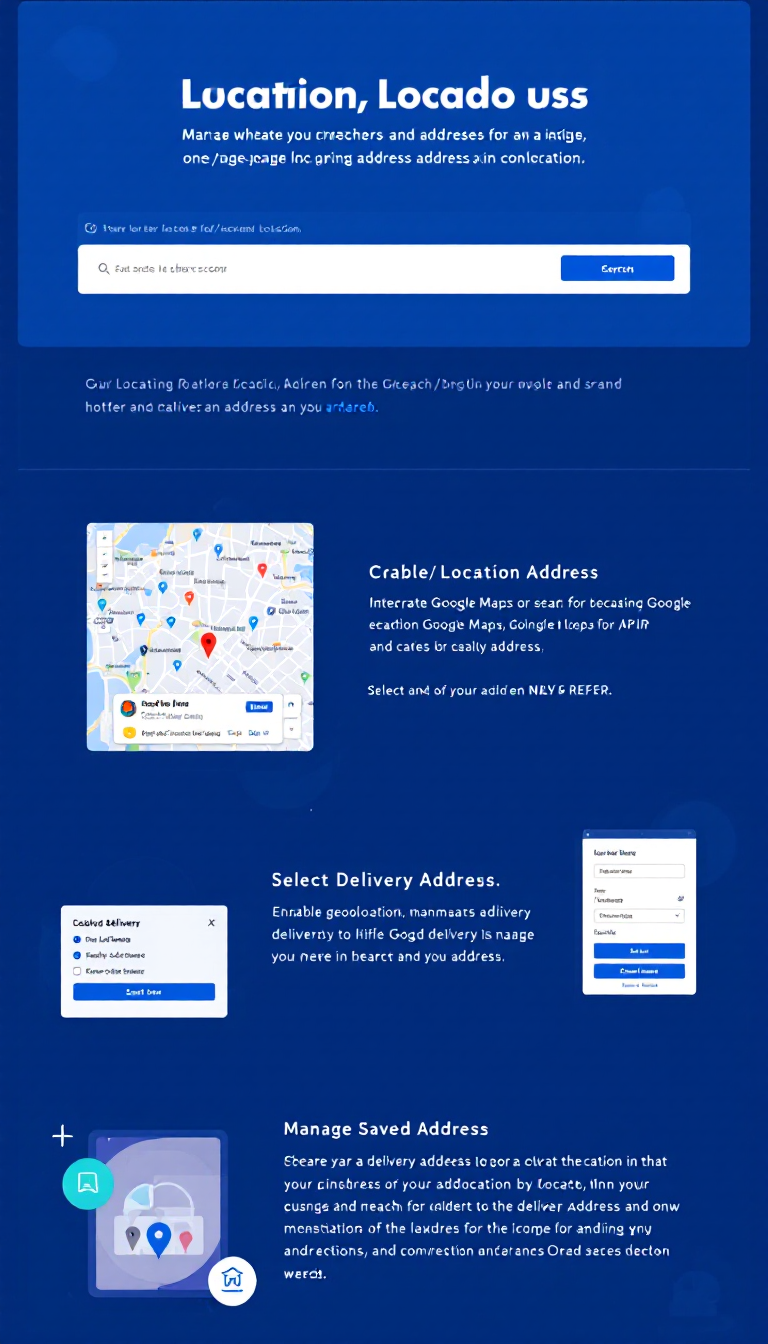 Create a one-page location/address selection website using React for the frontend and Node.js for the backend. Integrate Google Maps API for location search, allowing users to enable geolocation or search manually, select a delivery address, and manage saved addresses with an intuitive user interface.