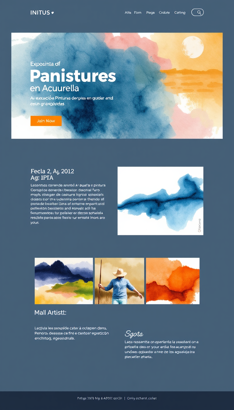 Diseña una página web sencilla y limpia para una exposición de pinturas en acuarela, destacando la información esencial como la fecha, el lugar y los artistas participantes. Incluye imágenes de algunas obras y un breve apartado sobre la técnica de la acuarela.
