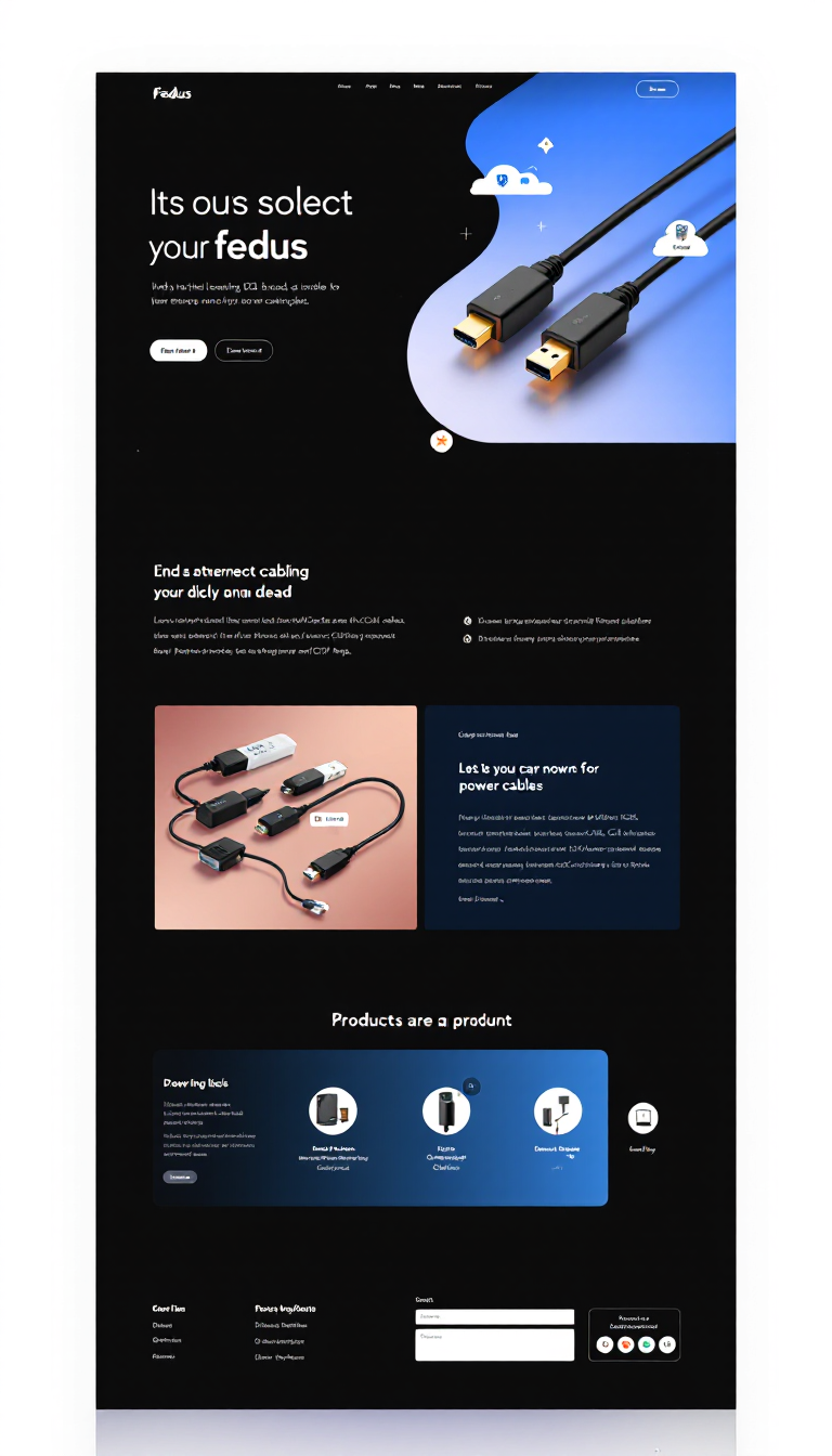 Design a simple one-page website for Fedus, India's leading D2C brand specializing in Ethernet cables, HDMI cables, power cables, USB cables, power strips, CCTV cables, and power supplies. The layout should be clean and visually appealing, showcasing products and brand highlights.