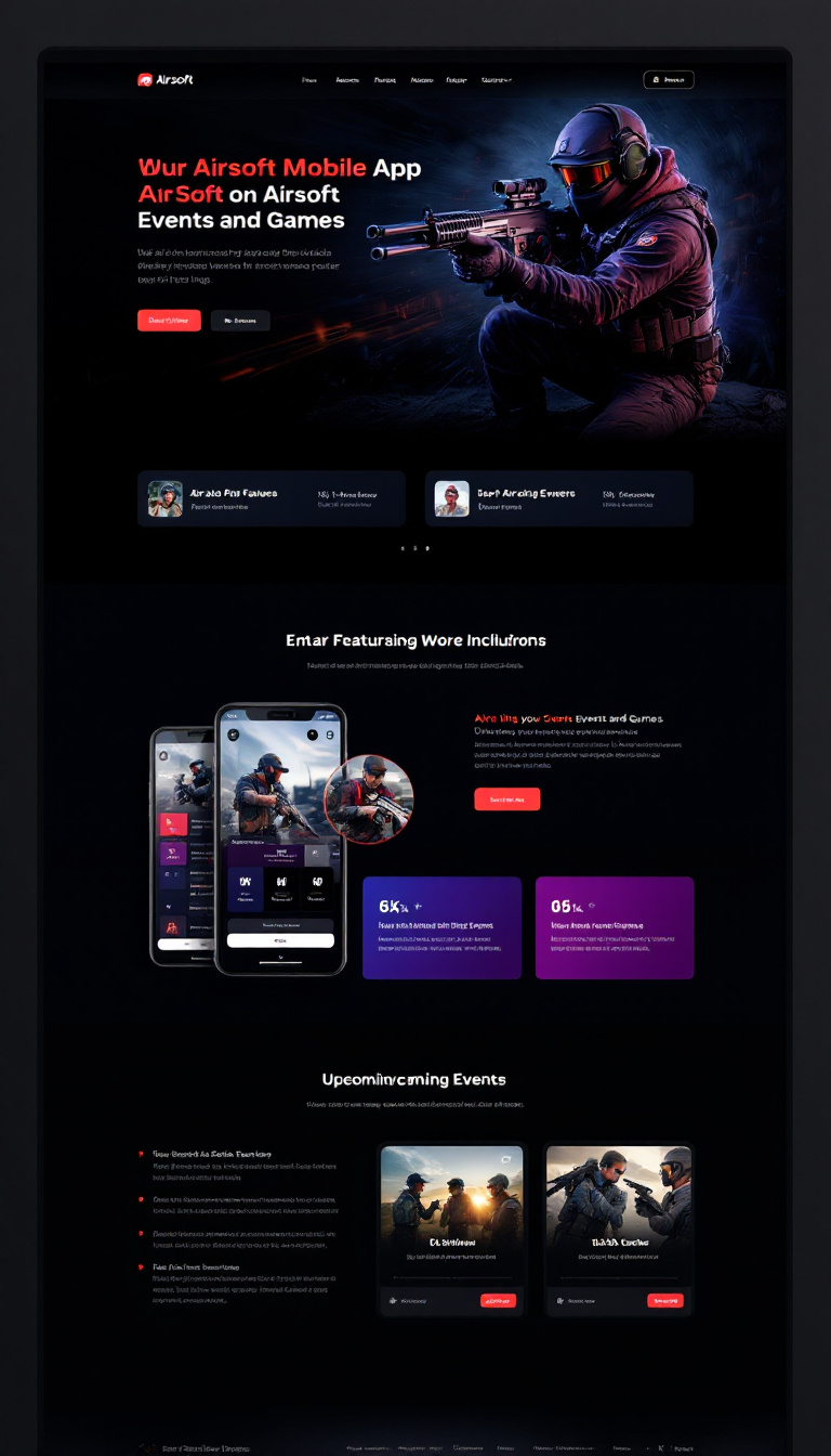 Design a sleek one-page website for an airsoft mobile app focused on events and games, featuring modern visuals, a user-friendly layout, and clear calls to action. Include sections for app features, upcoming events, and user testimonials.