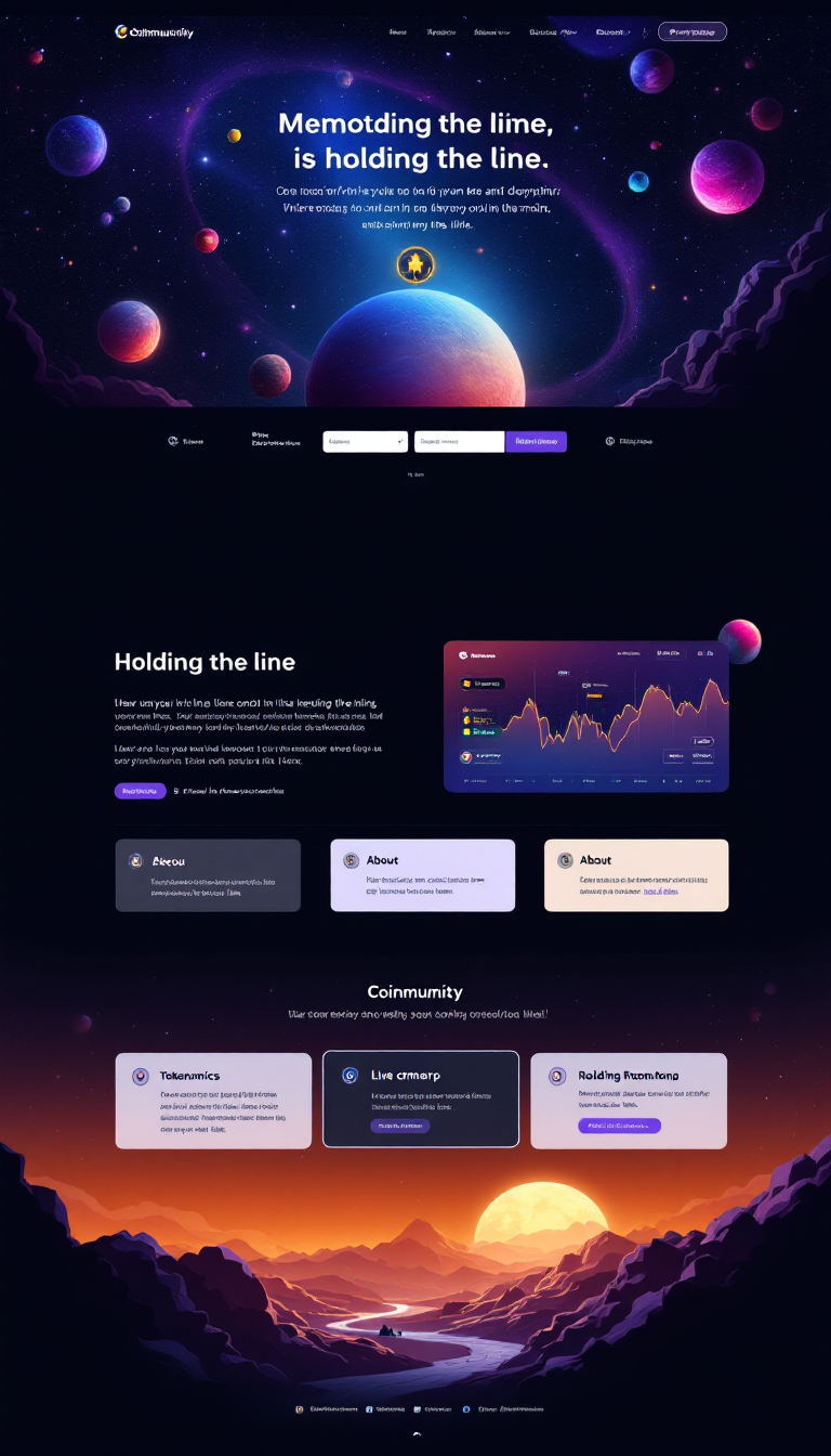 Create a space-themed one-page website for the memecoin 'Coinmunity,' emphasizing unity and resilience in the crypto world. Use a cosmic design with strong visuals and animations, structured with sections like a hero area, about, tokenomics, roadmap, and a live chart, all centered around the message of "holding the line." Incorporate a compelling call-to-action with links to community platforms and a vibrant, futuristic color palette.