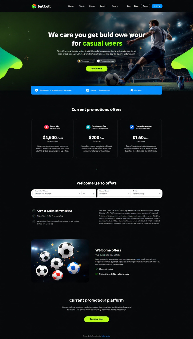 Design a one-page betting platform for casual users, featuring current promotions and welcome offers highlighted by vibrant blue and green colors. Incorporate social media links, a modern layout, and engaging visuals to create an inviting experience.