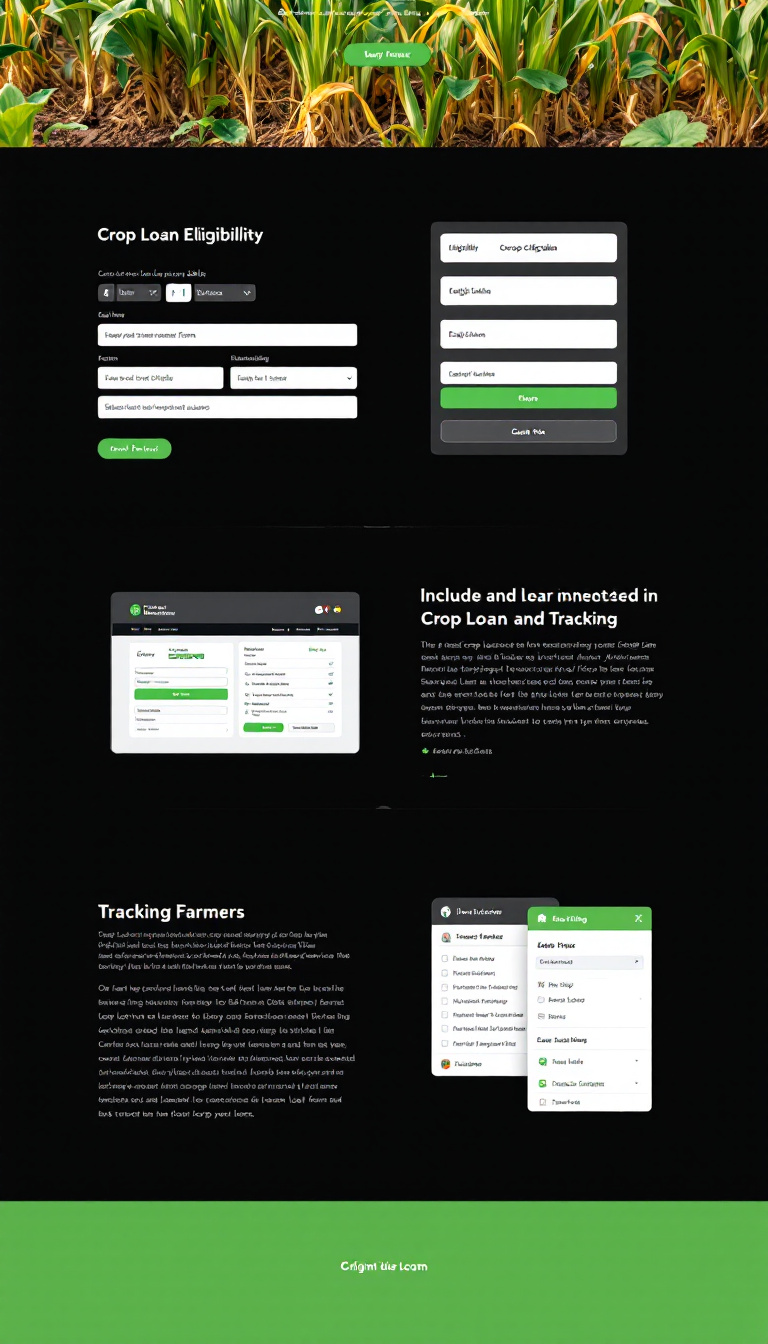 Design a simple one-page website focused on crop loan eligibility and tracking. Include sections for eligibility criteria, a loan application form, and a tracking tool for farmers to monitor their loans.