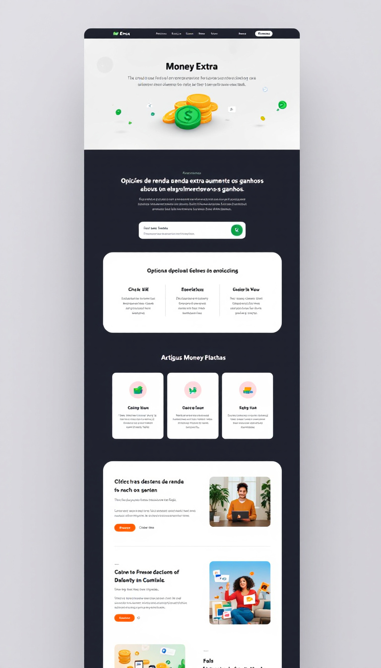 Crie um site de uma página chamado 'Money Extra' com design minimalista, focado em jovens adultos. O site deve apresentar artigos claros e engajadores sobre opções de renda extra para aumentar os ganhos.