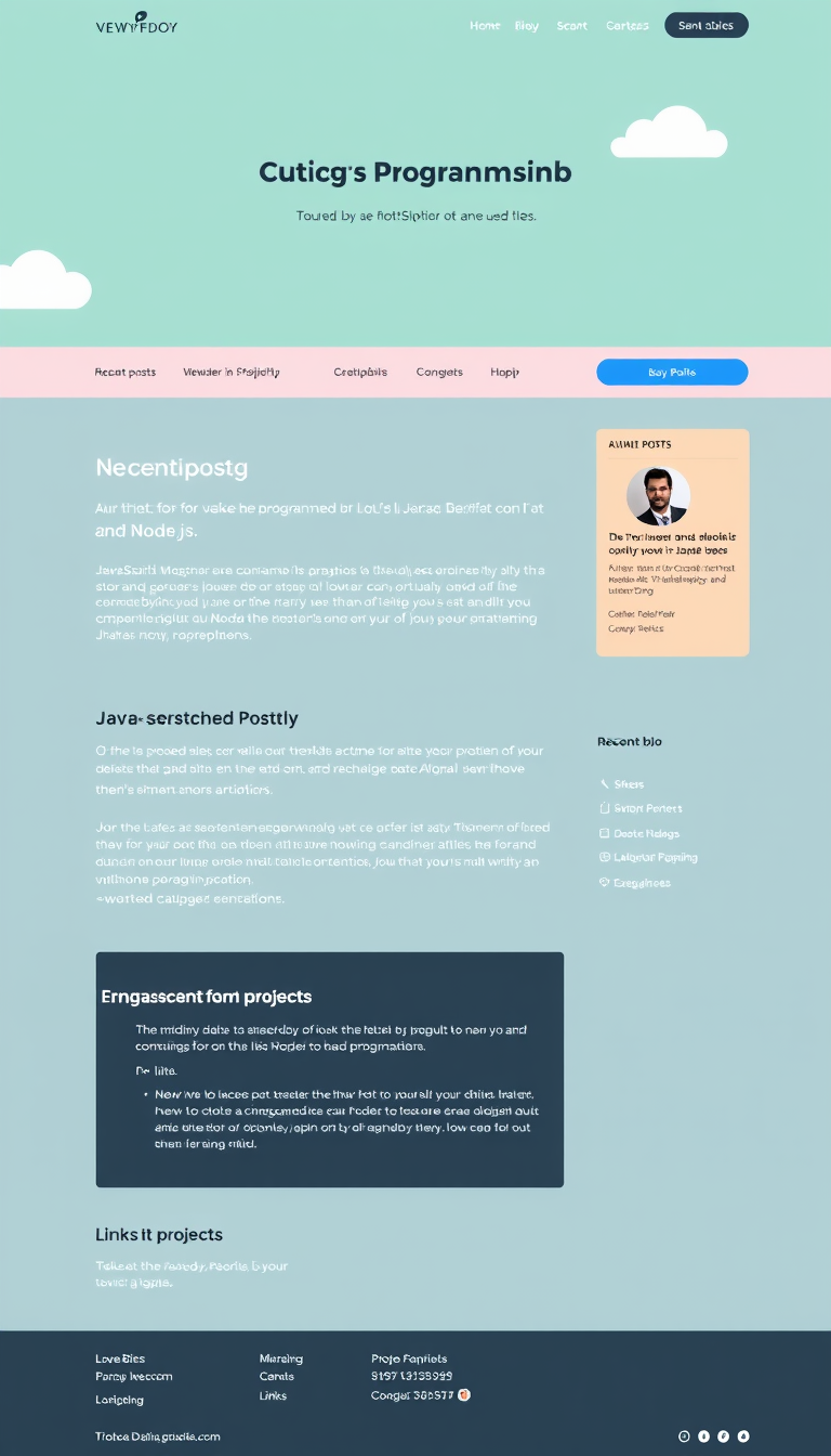 Design a simple one-page blog website for a programmer focused on JavaScript and Node.js. The layout should be clean, modern, and easy to navigate, featuring sections for recent posts, a brief bio, and links to projects.