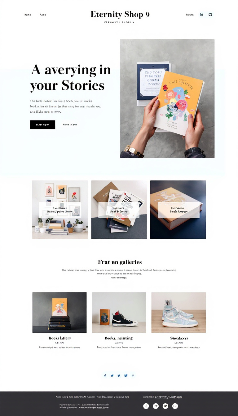 Design a one-page website for Eternity Shop 9, featuring a pastel blue color scheme and formal lettering. The site should showcase galleries for books, paintings, and sneakers, along with social media links to attract book lovers and sneaker enthusiasts.