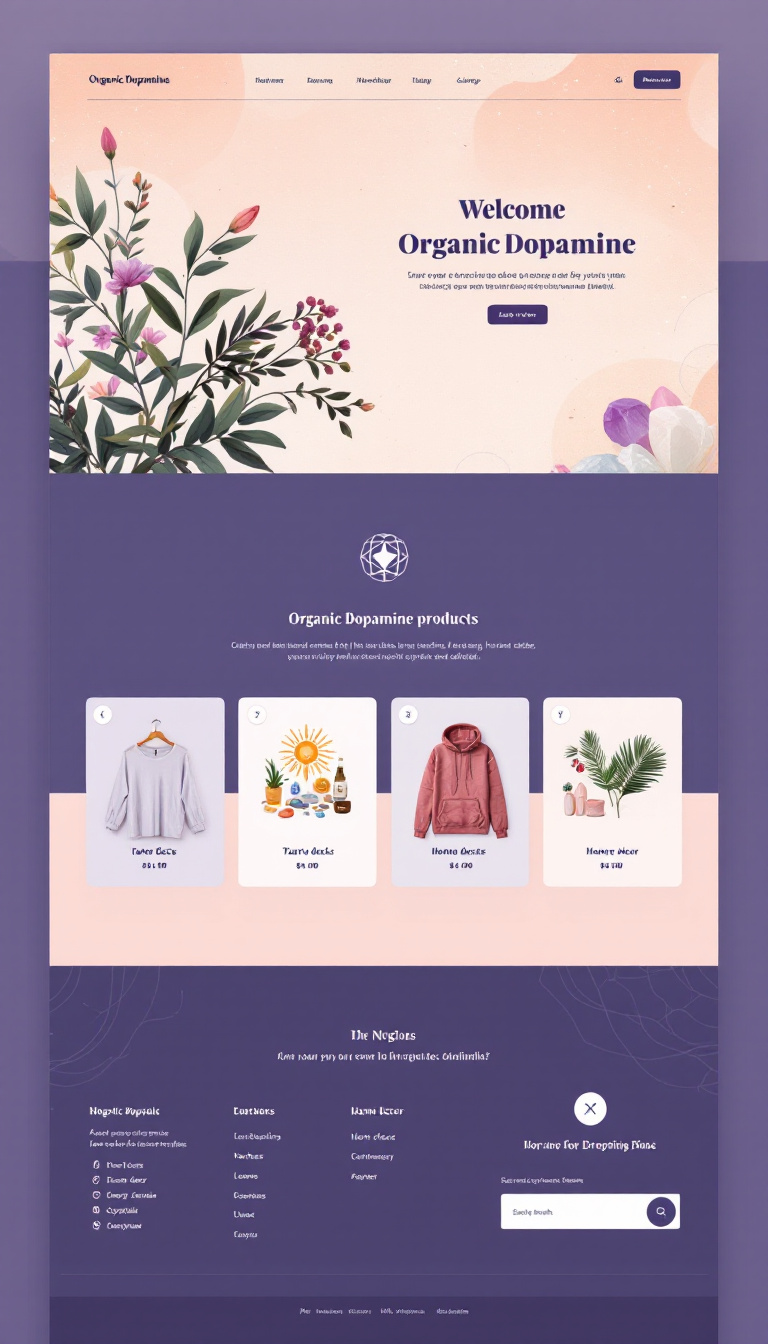 Create a clean, one-page website design for a dropshipping store named "Organic Dopamine." The site should feature holistic products like tarot decks, readings, home decor, crystals, and apparel, with an inviting and modern aesthetic.