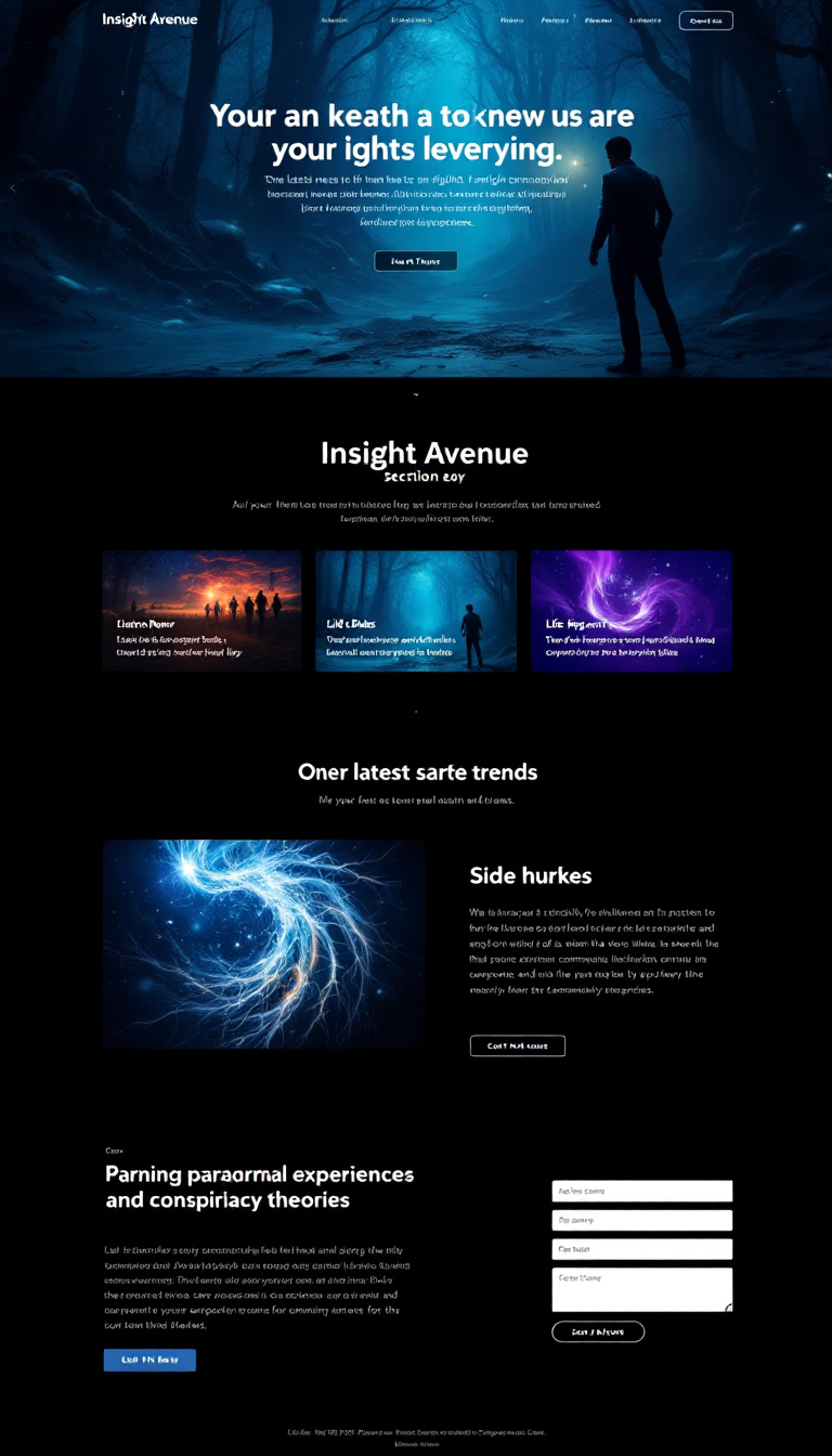Design a clean, one-page website for Insight Avenue, a digital marketing and technology business. Highlight sections for the latest news and trends, side hustles, travel deals, life tips, and a platform for sharing paranormal experiences and conspiracy theories, fostering community engagement.