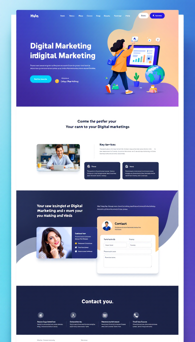 Create a simple and clean one-page website design focused on digital marketing. The layout should highlight key services, testimonials, and a contact section, using modern typography and a visually appealing color scheme.