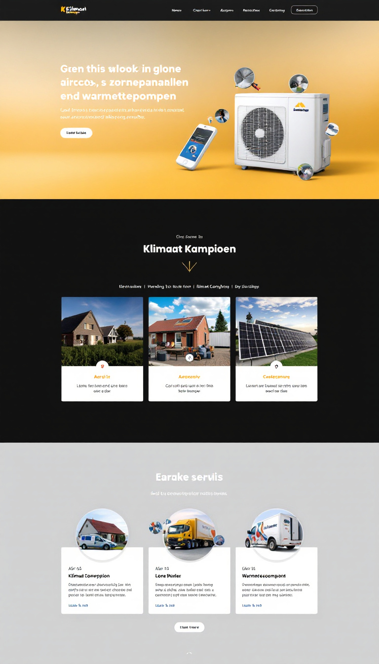 Ontwerp een eenvoudige en schone one-page website voor "Klimaat Kampioen", gericht op airco's, zonnepanelen en warmtepompen. De site moet overzichtelijk en aantrekkelijk zijn, met duidelijke secties voor elke dienst.
