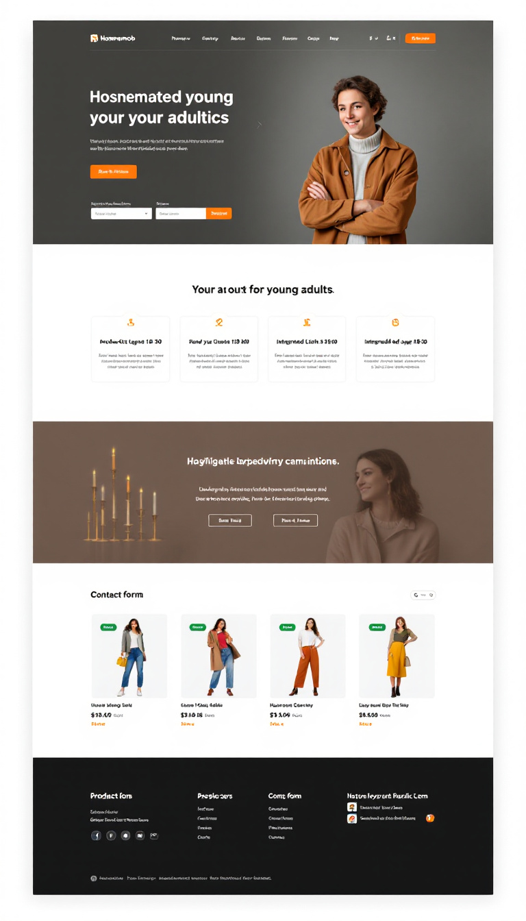 Design a clean and professional one-page e-commerce website for Hosnemob.com, targeting young adults aged 18-30. It should include product listings, an integrated payment gateway, and a contact form, prioritizing high-quality images and responsive navigation for user engagement.