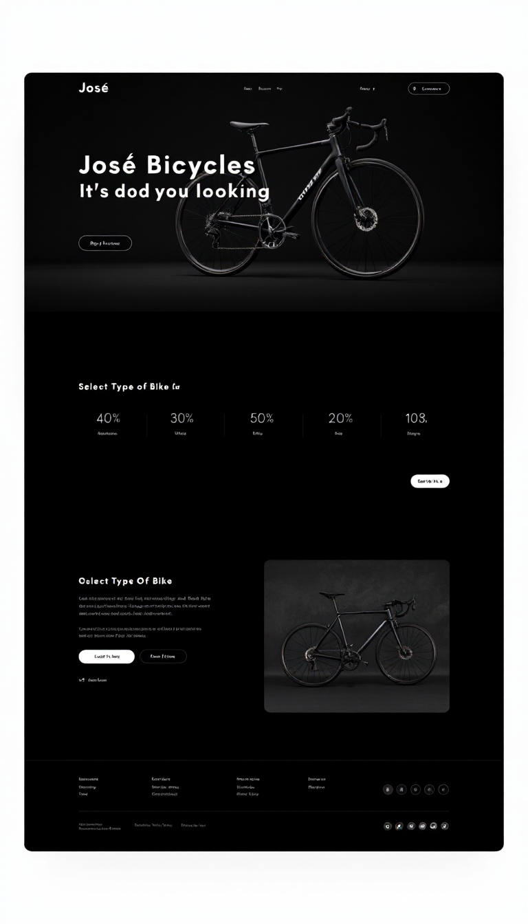 Design a one-page website for "José Bicycles," featuring a dark, modern aesthetic. Include a section that allows users to select the type of bike they are looking for.