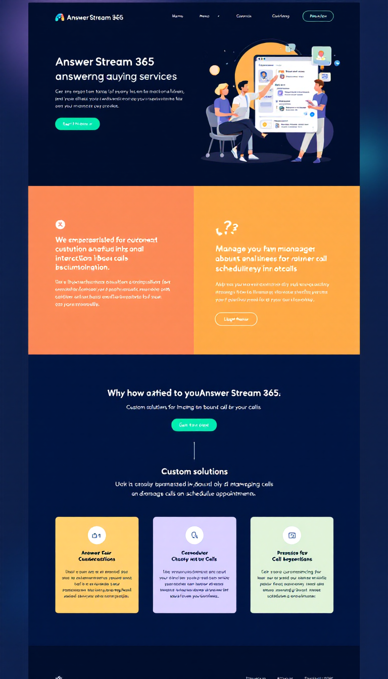 Create a clean one-page website for "Answer Stream 365," showcasing AI answering services. Highlight custom solutions for customer interactions and personalized inbound call reception, emphasizing how they help businesses by managing calls and scheduling appointments.