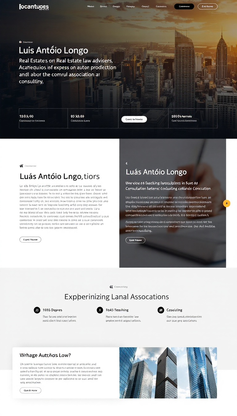 Create a simple one-page website for Luís Antônio Longo, a real estate law advisor with an extensive academic and professional background, including degrees, teaching experience, and awards. Highlight his expertise in real estate law, consulting, and his involvement in relevant associations.