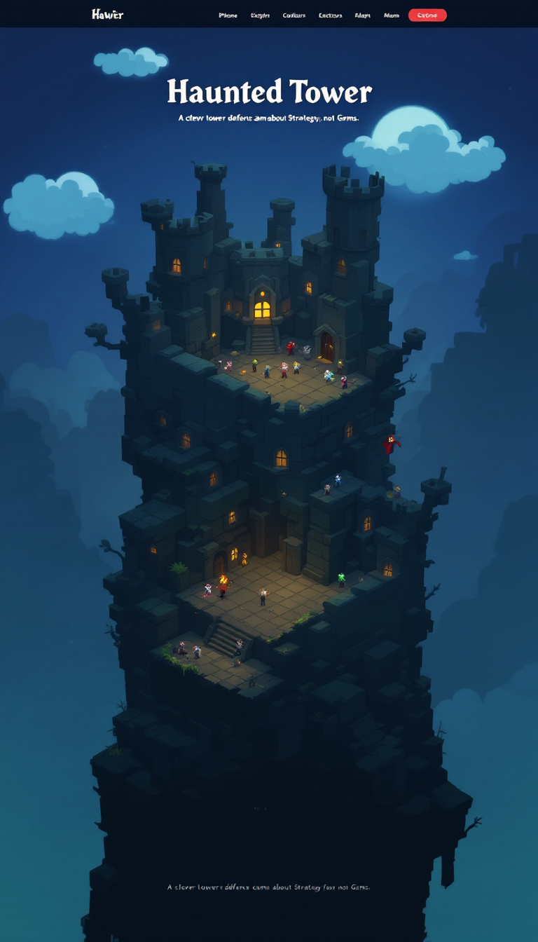 Design a one-page website for the game "Haunted Tower," a 2D top-down tower defense game available on iPhone, Android, Steam, and web. Include the tagline "A clever tower defense game about Strategy and not Gems."