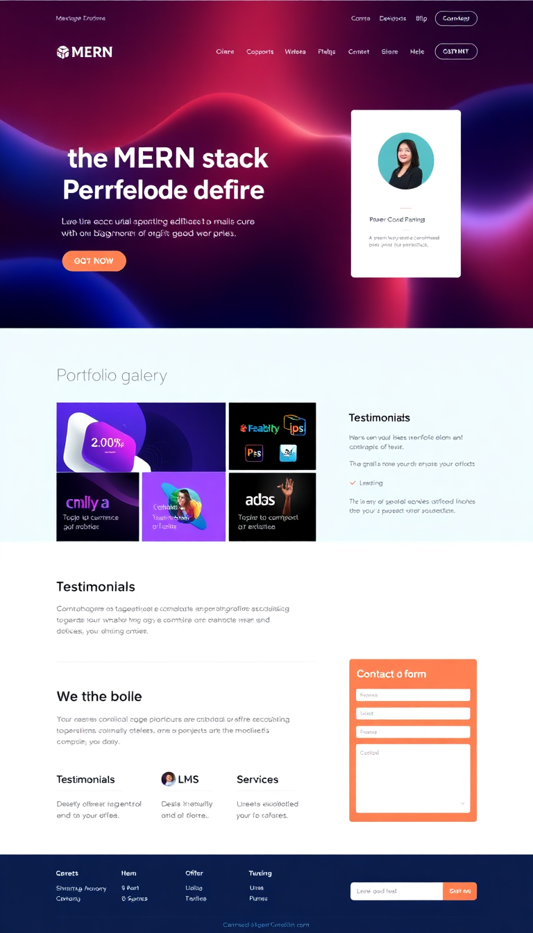 Create a sleek one-page portfolio website for a MERN stack developer. It should feature a visually appealing landing section, a bio, a portfolio gallery of projects (eCommerce, LMS, and clones), services offered, testimonials, and a contact form, all optimized for responsiveness and speed.