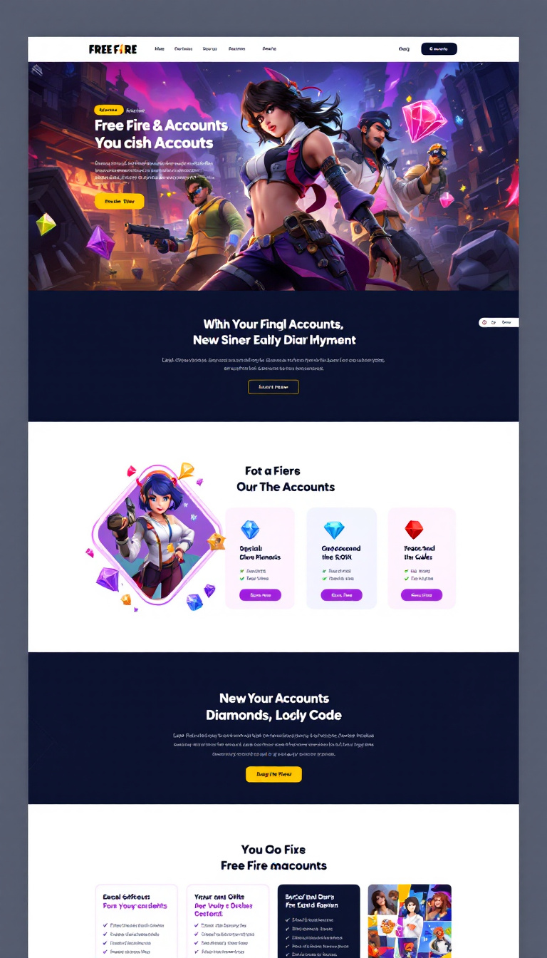 Design a clean one-page website to promote sales for Free Fire items, including accounts, diamonds, and codes, featuring a user-friendly layout and eye-catching visuals. Highlight special offers and ensure easy navigation for users to make purchases.