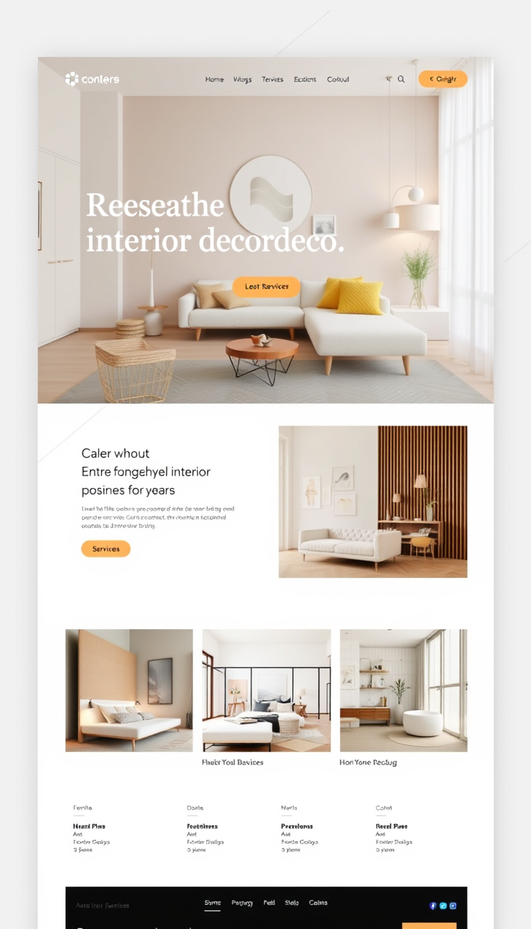 Design a modern, one-page website for an interior decor business that features a clean layout and elegant aesthetics. Focus on showcasing services and portfolio images with a minimalist approach.