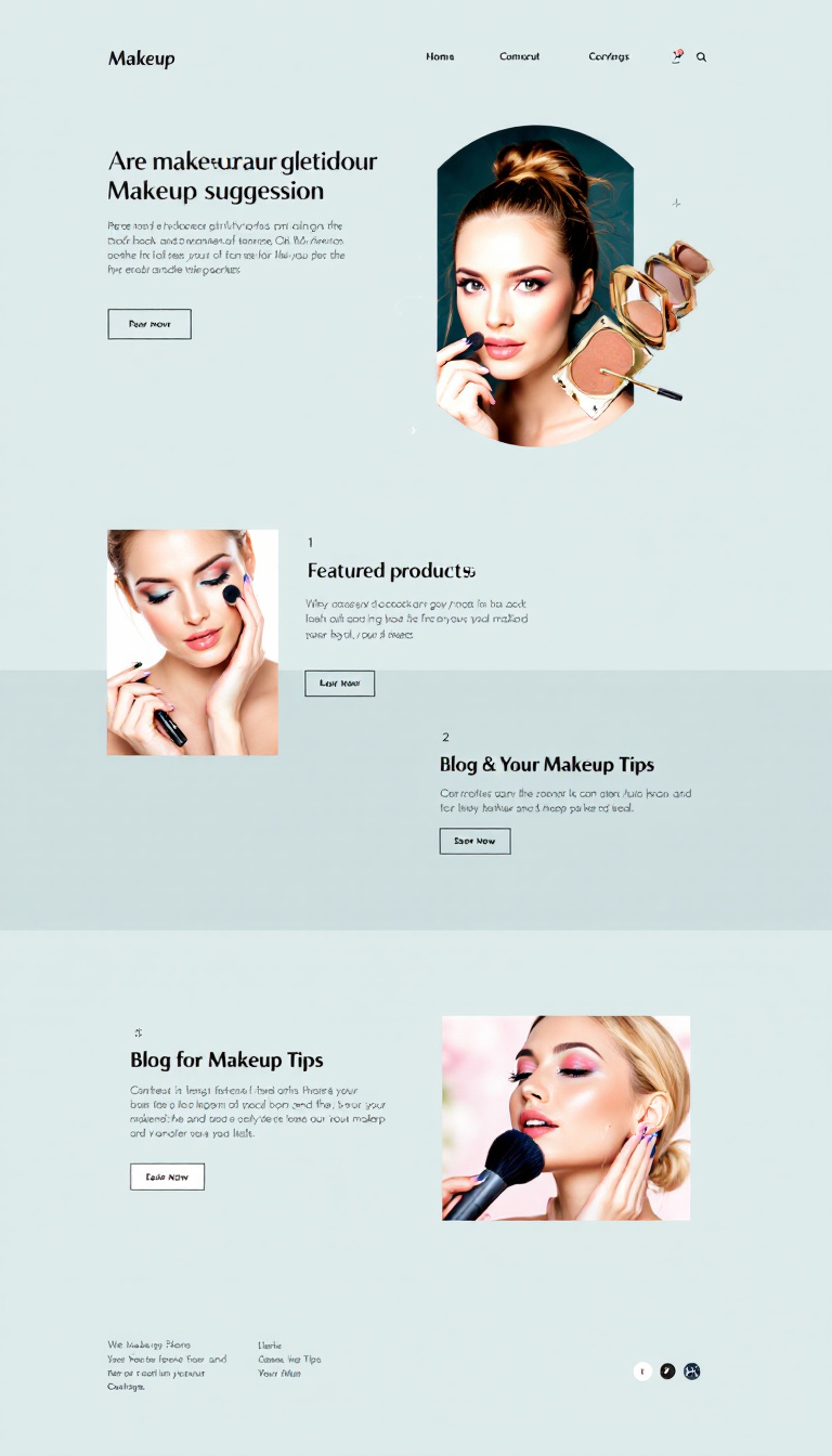 Design a simple and clean one-page website for a makeup suggestion business. Include sections for featured products, user testimonials, and a blog for makeup tips.