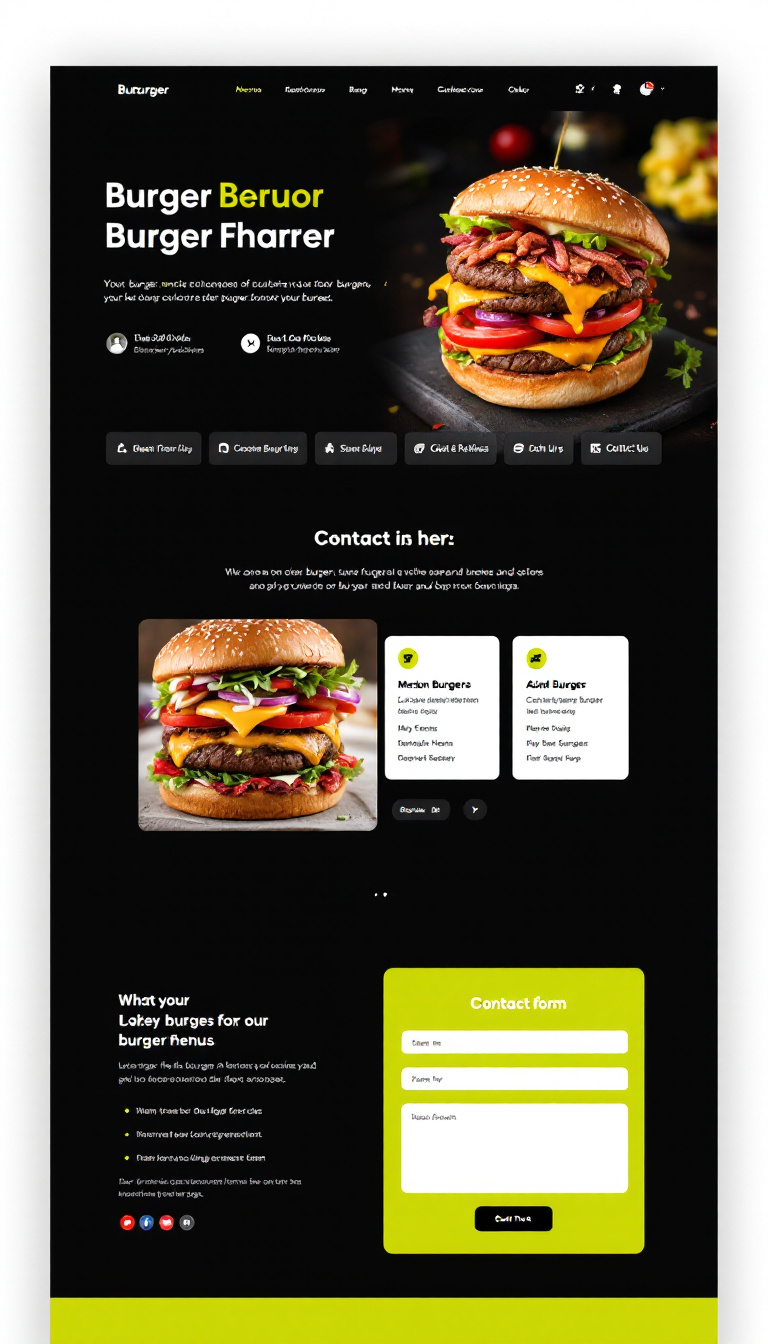 Design a one-page website for a burger shop that features an appealing layout, a menu section displaying various burger options, and a contact form for customer inquiries. The site should have a clean and simple aesthetic, suitable for showcasing delicious burgers and enhancing user experience.