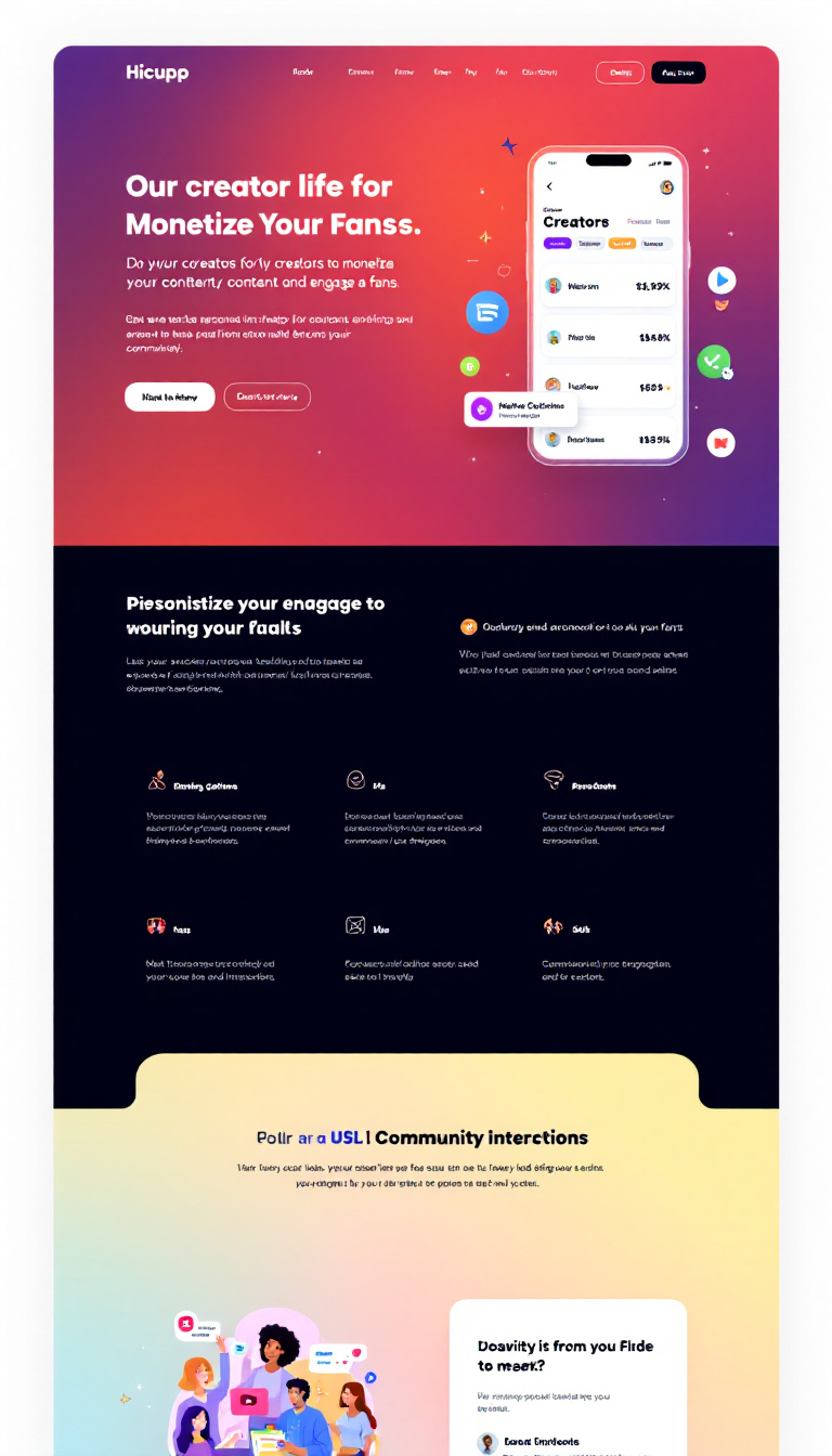 Create a sleek and modern landing page for Hicupp, a platform for creators to monetize their content and engage with fans. The design should feature a prominent hero section with a call to action, followed by sections highlighting monetization options, successful creator testimonials, personalized interactions, and community engagement tools. Incorporate vibrant colors, clear icons, and engaging visuals to reflect the platform's interactive and fun essence.