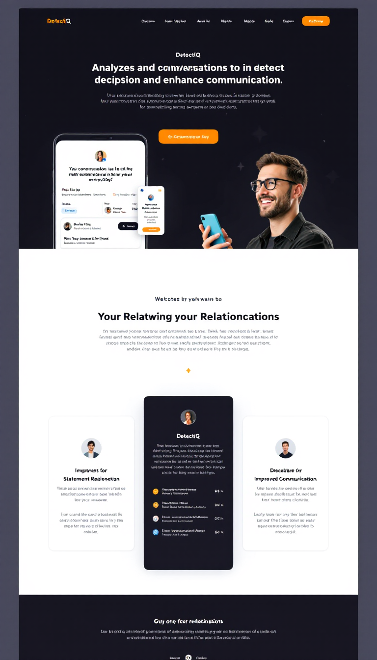 Design a simple one-page website for a relationship app called DetectiQ. The app analyzes conversations to detect deception and enhance communication, focusing on statement analysis for improved relationship clarity.