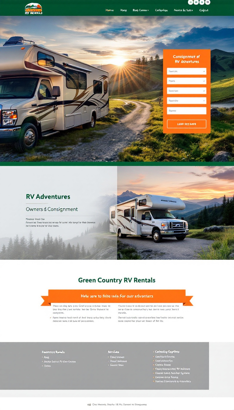 Design a one-page website for Green Country RV Rentals, featuring services for RV rentals and consignment options for RV owners. The layout should be clean and simple, emphasizing ease of use and the beauty of RV adventures.