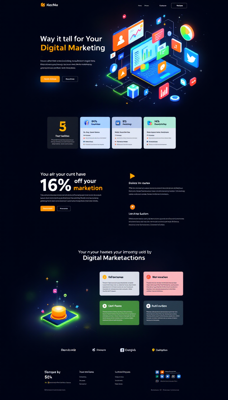 "Create a modern website for a digital marketing agency, featuring a dark background with vibrant accents in neon blue, orange, and lime green. Include visuals of social media icons, analytics charts, and illuminated devices, with animated elements like glowing buttons to emphasize innovation while maintaining a sleek, professional aesthetic."