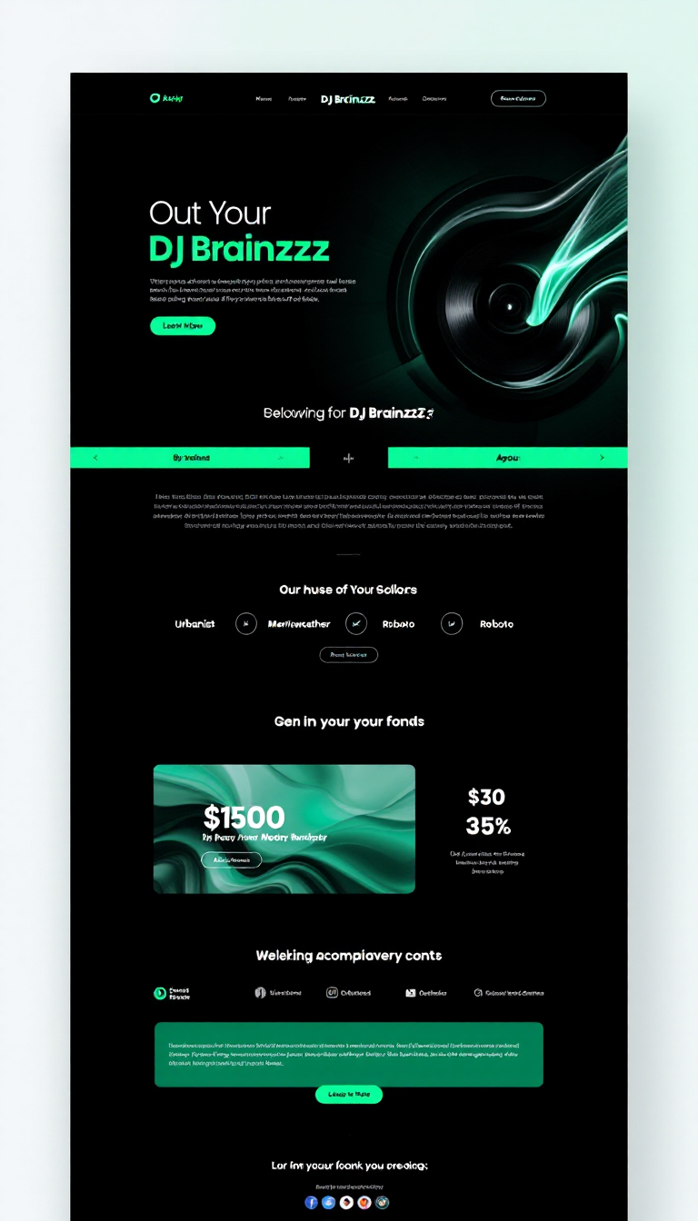 Create a sleek one-page website for DJ Brainzzz with a dark theme featuring a green brand color and aqua accents. The design should include rounded borders, a translucent surface, and utilize the Urbanist, Merriweather, and Roboto fonts for a modern aesthetic.