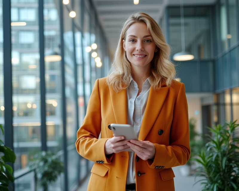 Professional working in Germany with modern office buildings in background