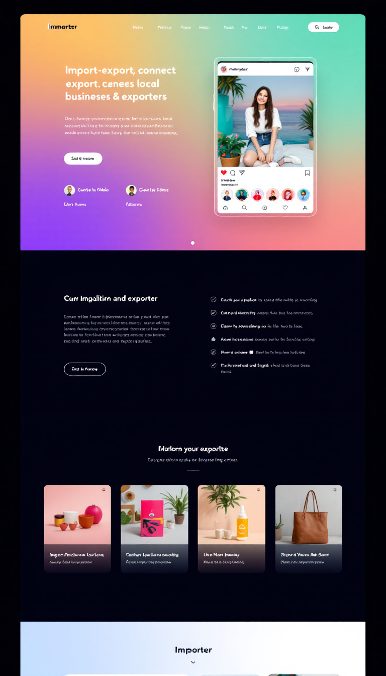 Design a one-page website for "Importer," an import-export platform that connects local businesses and exporters. It should feature a social media-like interface where sellers can post their products as Instagram-style posts, and buyers can like, comment, share, and purchase items.