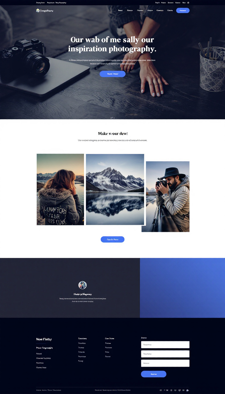 Create a clean and modern one-page website for 'Inspiration Photography', showcasing a photography gallery. Incorporate blue accents for a stylish touch, appealing to individuals seeking photography inspiration.