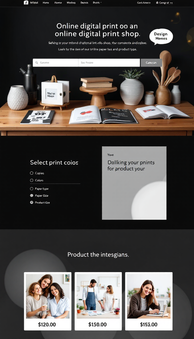 Design a one-page website for an online digital print shop featuring an intuitive e-commerce interface. Include a user-friendly dialog box for selecting copies, colors, paper type, paper size, and product type.