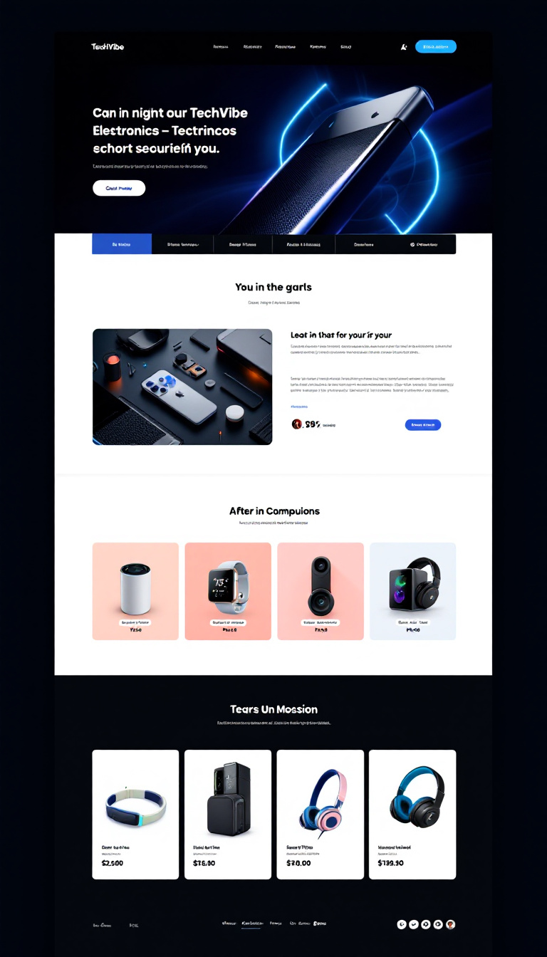 Crie uma página de e-commerce para "TechVibe", focada em eletrônicos e gadgets. O design deve ser futurista e minimalista, com uma paleta de cores em preto, azul neon e branco, e uma navegação intuitiva. Inclua banners interativos, visualizações em 3D dos produtos, um assistente virtual de compras e um checkout simplificado.