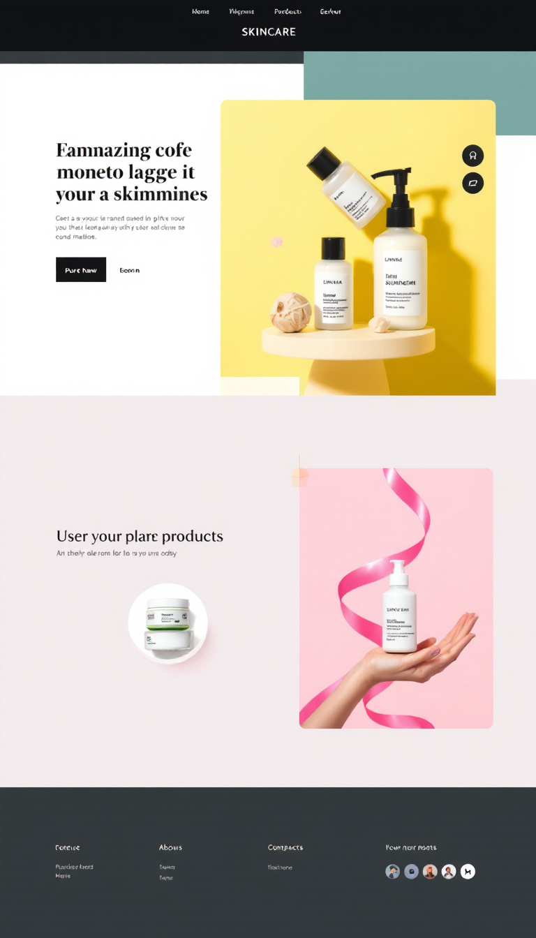 Create a professional one-page website for selling skincare products that features purchase buttons, subtle animations, and vibrant images showcasing the products.