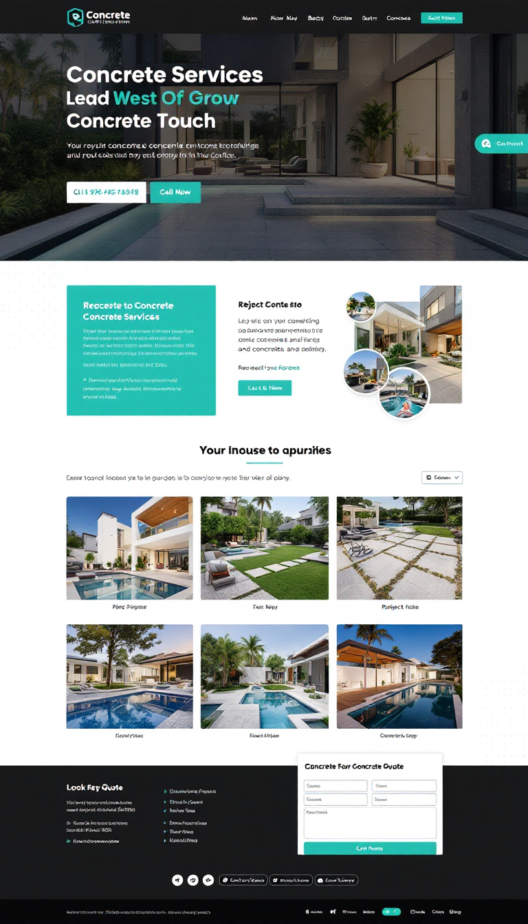 Design a one-page lead generation website for concrete services in Key West, Florida, featuring a modern color scheme of white, black, and turquoise. Include a large header with a prominent phone number and a clickable 'Call Now' button, a user-friendly contact form, a gallery of high-quality project images, and SEO optimization for keywords related to concrete services in Key West. The layout should be intuitive, mobile-responsive, and include multiple call-to-action prompts encouraging users to request a quote.