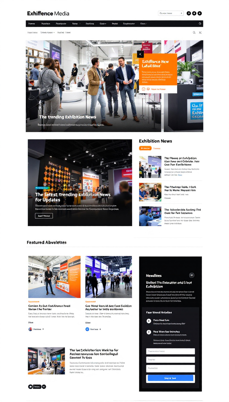 Design a one-page website for Exhiference Media that showcases the latest trending exhibition news and updates, featuring a modern and clean layout. Include sections for headlines, featured articles, and a newsletter subscription.