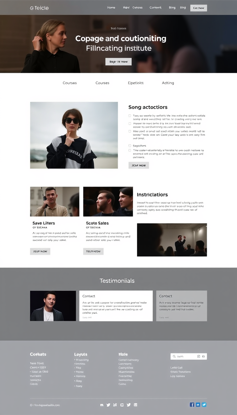 Design a simple one-page website for a song coaching and filmmaking institute, inspired by the layout of theiceinstitute.com. It should feature sections for courses, instructors, testimonials, and contact information, with a clean and modern aesthetic.