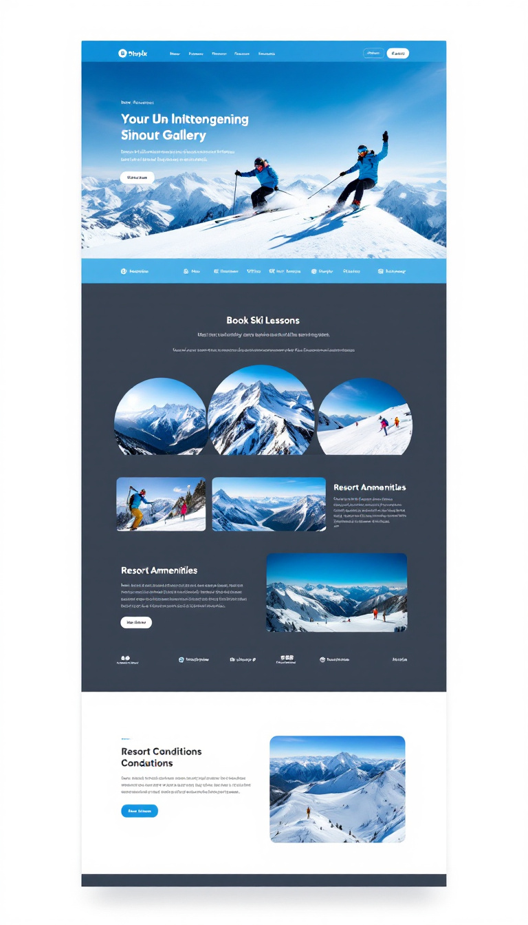 Design a modern, responsive one-page ski-themed website with vibrant winter imagery, featuring snow-covered mountains and active skiers. Use a cool color palette of blues, whites, and grays, and include sections for booking ski lessons, resort amenities, and skiing conditions, along with a high-quality image gallery and intuitive navigation.