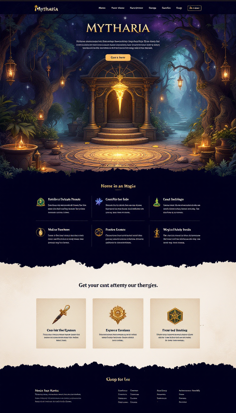 Create an enchanting one-page storefront landing page for the Mytharia shop, blending the charm of an ancient fantasy realm with modern e-commerce. Use a rich color palette of deep emerald greens, shimmering golds, and twilight purples, enhanced by backgrounds of enchanted forests and celestial skies. Incorporate subtle animations and captivating headlines that invite visitors to explore a magical marketplace filled with extraordinary relics.
