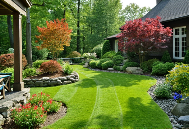 Professional landscaping design with colorful plants, ornamental trees, and garden features creating a serene outdoor space