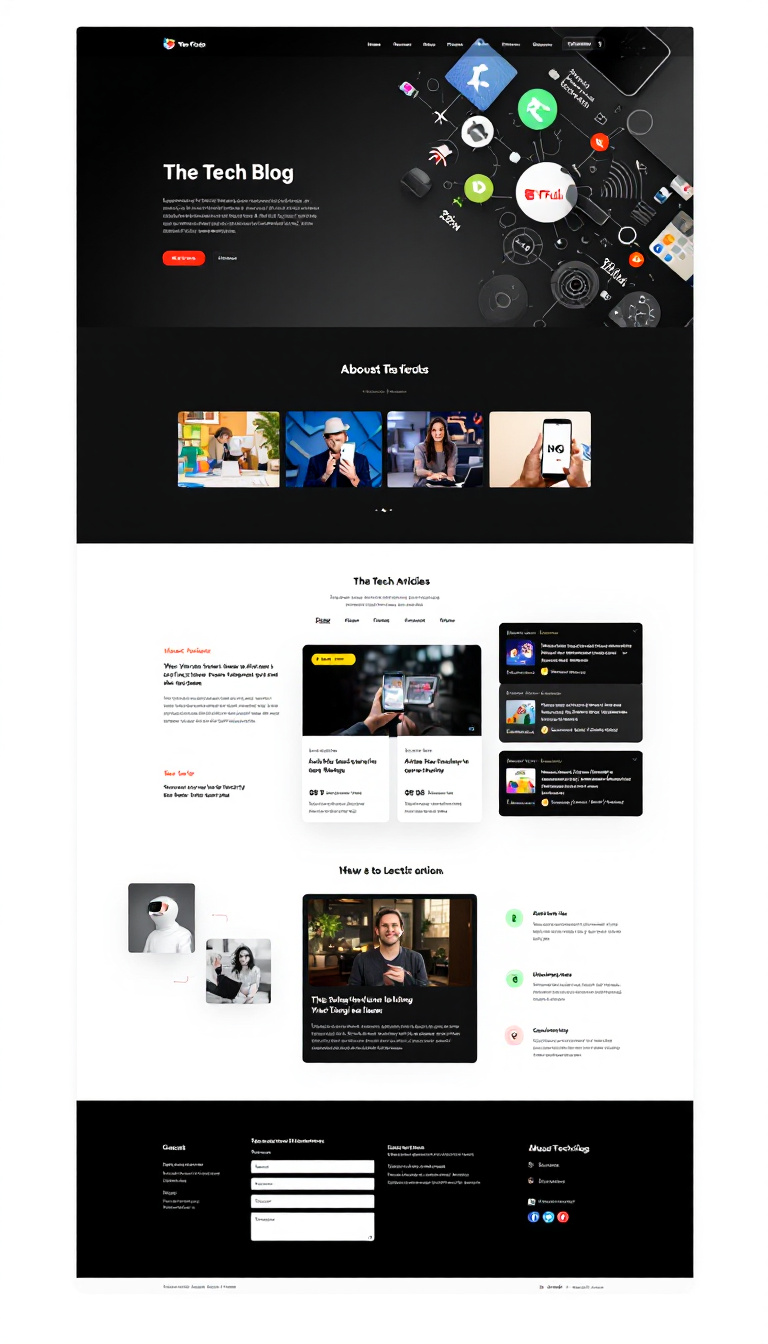 Design a simple and clean one-page website for "The Tech Blog." It should feature a modern layout with sections for the latest articles, a brief about the blog, and contact information.